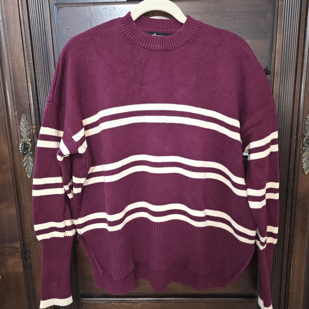Olivaceous Maroon Crewneck Sweater with Cream Stripes